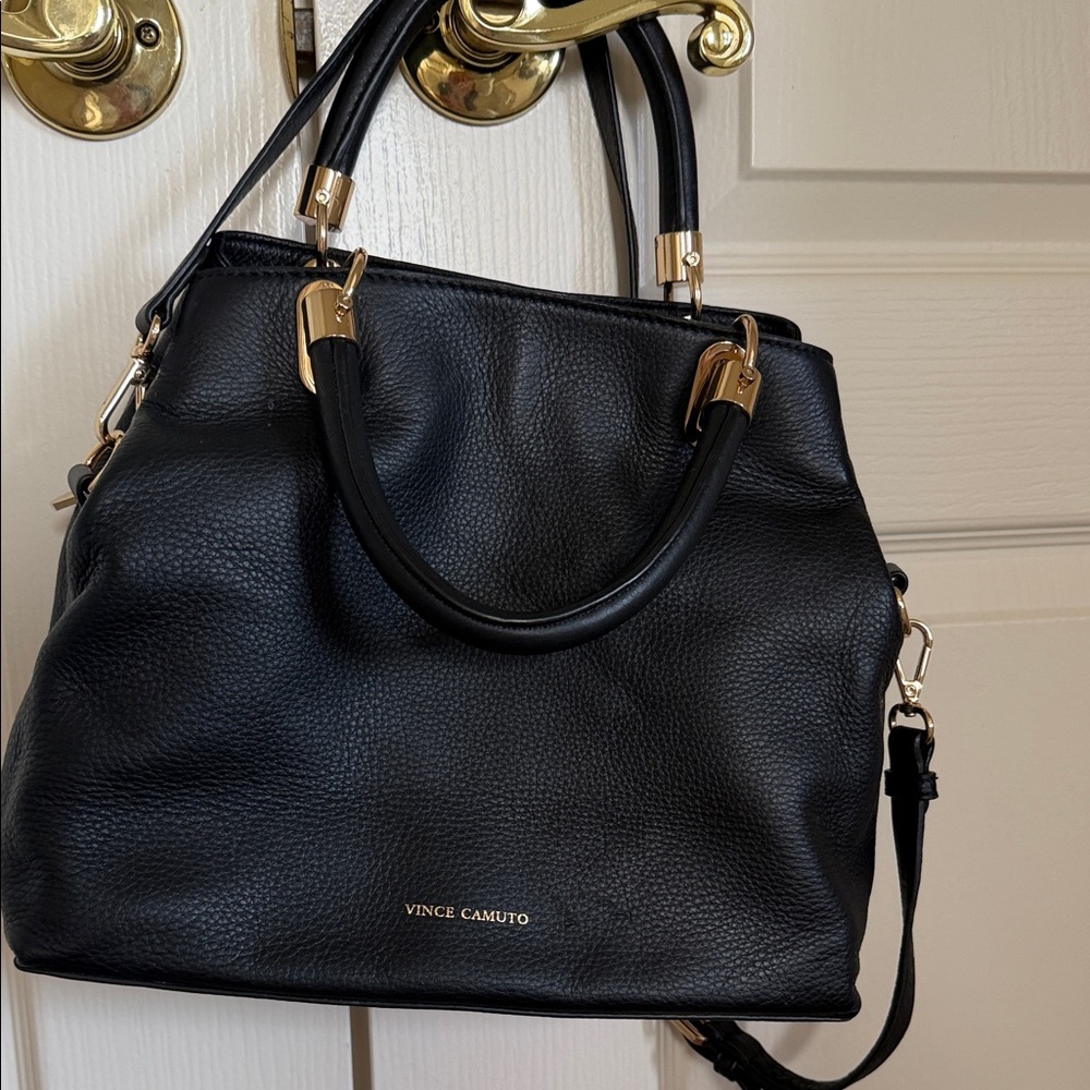 Vince Camuto Black Leather Shoulder Bag with Gold Accents